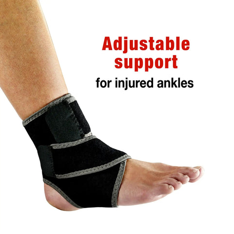 Two Strap Adjustable Ankle Support With Moderate Compression For Pain Relief And Injury Recovery, All Day Comfort So You Stay Active, Fits Left Or Right Ankle, One Size, Black on left ankle