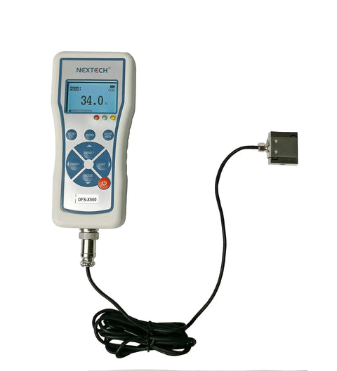 Workhorse Digital Force Gauge With External Micro S Beam Load Cell Delivering 100 Newton Capacity For Smooth Tension And Compression Testing In Tight Quarters Using Quick M6 Mounts, showing LCD display and sensor.