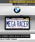 Slim Matte Black License Plate Frames 2 Pack, Rust Free Stainless Steel on a car showing street legal design and fit.