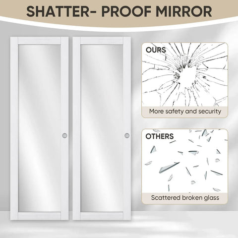 Heavy Duty 60 By 80 Inch White Preassembled Mirror Closet Door With Waterproof Wood Frame And Complete Slide Hardware Plus Matching Fascia For Easy No Sweat Diy Setup And Crystal Clear Low Distortion Glass, featuring shatter-proof design.