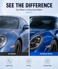 Comparison of tap water versus deionized water on a blue car exterior, highlighting the benefits of Top Shelf Water Deionizer Drop In For Trucks And Rigs Slick Streak Free Rinse System No Sweat DDI Tank Filter For Outdoor Vehicle Wash And Boat Detailing Runs.