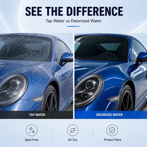 Comparison of tap water versus deionized water on a blue car exterior, highlighting the benefits of Top Shelf Water Deionizer Drop In For Trucks And Rigs Slick Streak Free Rinse System No Sweat DDI Tank Filter For Outdoor Vehicle Wash And Boat Detailing Runs.