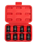 Eight Piece Chromoly Steel Socket Set For Half Inch Drive SAE Seven Sixteenths To Five Eighths in red storage case