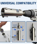 Rock Solid Two In One Trailer Jack Drill Adapter For One And Half Inch Drive Shafts Rust Resistant Stainless Steel Construction shown with cordless drill.