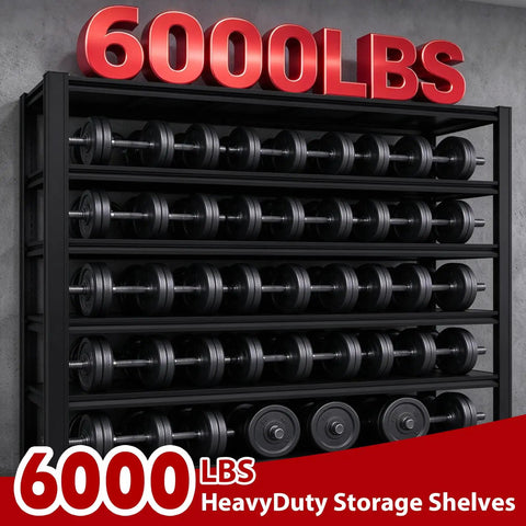 Heavy Duty Garage Shelving 6 Tier Steel Storage Rack 6000 Lbs Capacity displaying weights on shelves in black metal finish.