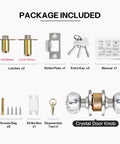Classic Crystal Door Knobs Three Pack Keyed Alike Privacy Lockset package contents with keys, knobs, and hardware.