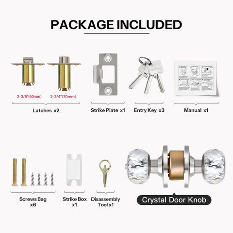 Classic Crystal Door Knobs Three Pack Keyed Alike Privacy Lockset package contents with keys, knobs, and hardware.