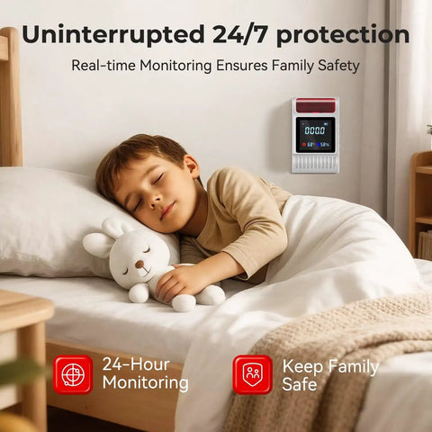 Child sleeping peacefully beside Plug In Six In One Smoke And Carbon Monoxide Guardian with monitoring display.