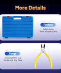 Heavy Duty Cordless Rebar Tying Machine Kit For 8-34mm Steel Bars Adjustable Tightness Electric Auto Tier Gun with blue toolbox and yellow tongs.