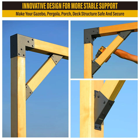4 Pack 45 Degree Angle Brackets For Pergola Deck Porch Log Cabin 2x4 Framing Actual 1.5x3.5 Inches Stainless Steel Outdoor Bracket Kit Black Powder Coated Weatherproof Built Tough shown in installed setup on wooden pergola frame.