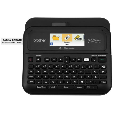 Front view of P Touch PT D610BT Label Maker With Bluetooth And USB Pro Grade Connected Label Printer showing keyboard and display.