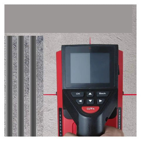 Killer Precision Stud Finder And Wall Scanner locates steel bars with digital display and red laser on wall background.