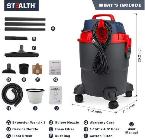 Beast 5.5 Peak HP Wet And Dry Shop Vacuum With 5 Gallon Tank And Blower Drain Port, accessories shown including nozzles and filters
