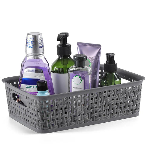 Durable Gray Plastic Storage Baskets 8 Pack With Ventilated Design holding toiletries in a woven gray basket