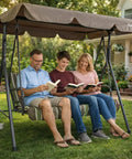 Three Seat Outdoor Patio Swing With Adjustable Canopy Heavy Duty Steel Frame Weather Resistant Build Removable Cushions For Porch Patio Garden Or Poolside Lime Stripe Lounge Setup with family seated and reading