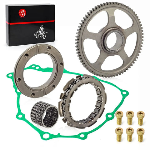 Heavy Duty Starter Clutch And One Way Bearing Idler Gear Kit With Gasket Set Drop Straight In Replacement For 2000 To 2014 Honda Trx400Ex Trx400X Atv Rig, includes clutch, idler gear, gasket, and bolts.