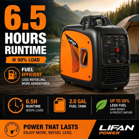 6.5 hours runtime Lifan Power 3500W Portable Inverter Generator for Home Backup and RV Camping, orange and black, outdoors
