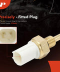 A-Premium left engine coolant temperature sensor; front view shows brass threaded body and white plastic probe, 2-pin connector inset.