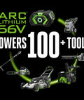 ARC Lithium 56V battery powers 100+ tools, showcasing various equipment including lawn mower, chainsaw, blower, and trimmer.