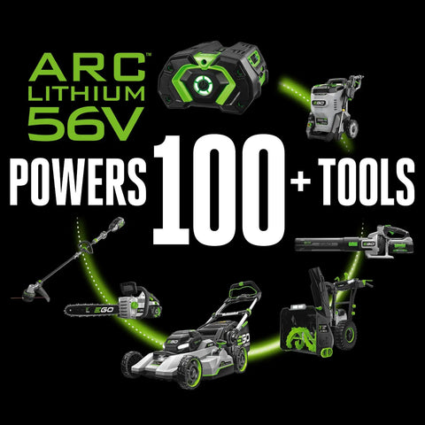ARC Lithium 56V battery powers 100+ tools, showcasing various equipment including lawn mower, chainsaw, blower, and trimmer.