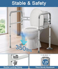 Rock Solid Adjustable Toilet Safety Rail And Grab Bar For Seniors, Supports Up To 350 Pounds With Reinforced Pivot Clamps next to a toilet.