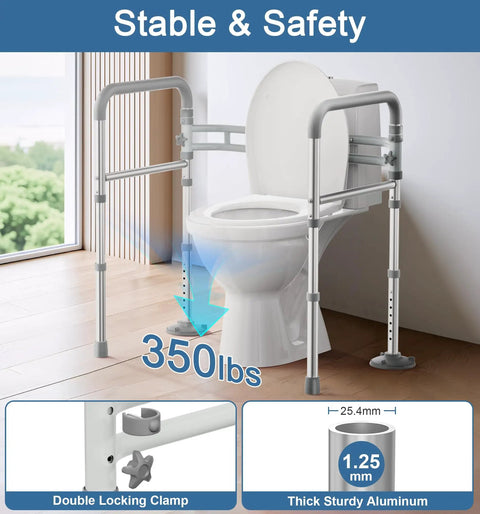 Rock Solid Adjustable Toilet Safety Rail And Grab Bar For Seniors, Supports Up To 350 Pounds With Reinforced Pivot Clamps next to a toilet.