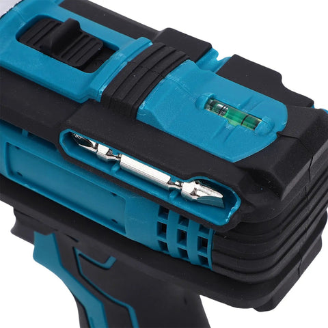 Close-up of Heavy Duty No Sweat Workhorse 21V Cordless Drill Driver with tool holder and level for precision work.