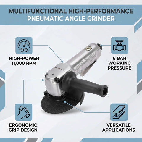 5 Inch Pneumatic Angle Grinder Featuring A Badass 11000 Rpm Motor, ergonomic grip, and compact design for versatile applications.