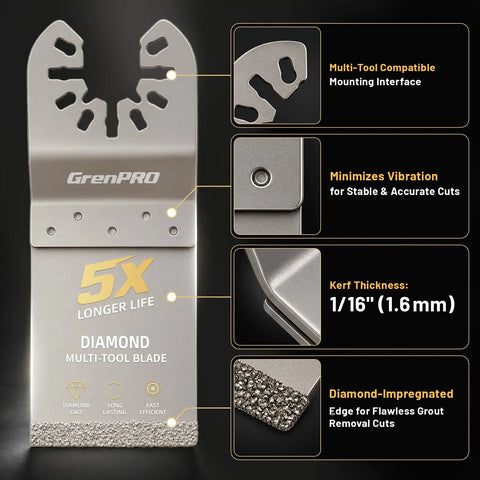 Heavy Duty Diamond Oscillating Saw Blades 4 Pack Crush Through Tile Grout And Mortar Clean Flush Cut Home Reno Workhorse Tool Built To Last Smooth Operation Every Time, featuring diamond multi-tool blade with 1/16" kerf.