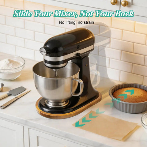 Hella Smooth Glide Acacia Wood Mixer Slider Tray For Kitchenaid 4 Point 5 To 5 Quart Tilt Head Stand Mixer on a countertop with cake.
