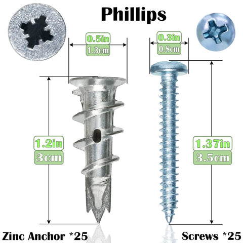 Zinc Self Drilling Drywall Anchors With Screws Kit 25 Heavy Duty Metal Wall Anchors And 25 Size 8 By One And One Quarter Inch Screws