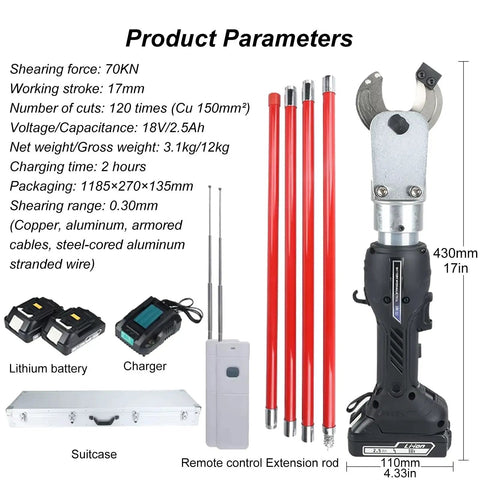 Beefy Heavy Duty 70 KN Electric Hydraulic Cable Cutter With Extension Rod And LED Display Cordless Portable Wire Cutting Tool For 30mm Copper Aluminum Armored Cable Fast Clean Cuts, shown with accessories.