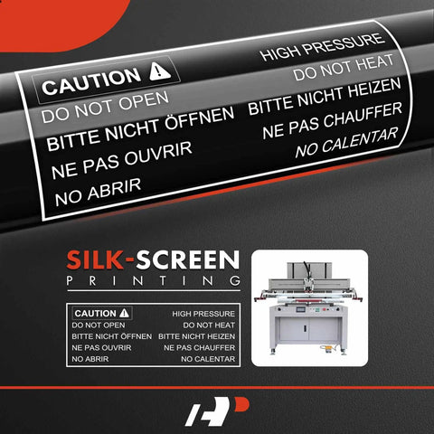 Caution label for heavy duty equipment with multilingual warnings about high pressure and not opening. Silk-screen printing detail.