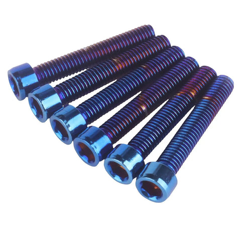 Slick Titanium Finish Stainless Steel Allen Hex Socket Head Screws M5 From M5x12 Up To M5x35mm Burnt Blue Bolt Set, detailed view of six screws.