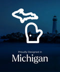 Graphic of Michigan shape with mitten, lighthouse in background, text reading 'Proudly Designed in Michigan'.