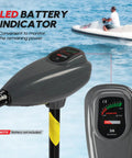 Kickass Eight Speed Electric Trolling Motor With Quick Release Handle And Sharpy Led Gauge Transom Mount For Kayak Fishing Boat Lazy Cruise Mode Grey 36 Pound Thrust Bad Boy Setup, LED battery indicator close-up.
