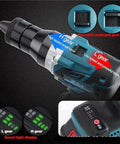 No Sweat Cordless Rivet Nut Gun M3 Through M12 Rechargeable Handheld Riveter showing L and H gear settings and smart light display.