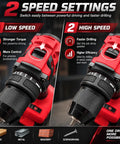 Rugged Boss Level 21V Brushless Cordless Drill Driver Kit Delivers 40Nm Kick Torque Two Speed Gears All Metal Chuck Bundle showing low and high speed settings.