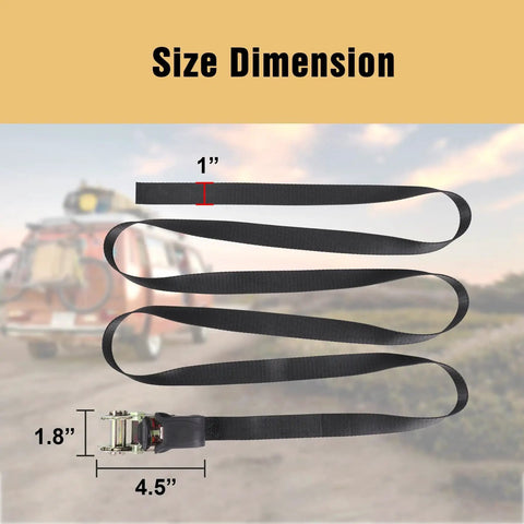 Endless Ratchet Strap Set 1 Inch Wide Heavy Duty Tie Down Straps 8 Feet Long Hookless Design shown with dimensions