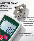 Straight Shooter 500N Digital Force Gauge Equipped With A Secure Test Clamp For Effortless Push Pull Tension Compression Measurements Built Tough For Shop Tasks with a close-up of the test clamp and display.