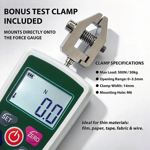 Straight Shooter 500N Digital Force Gauge Equipped With A Secure Test Clamp For Effortless Push Pull Tension Compression Measurements Built Tough For Shop Tasks with a close-up of the test clamp and display.