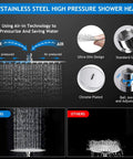 High Pressure 10 Inch Rain Shower Head With 11 Inch Adjustable Extension Arm And 5 Setting Handheld Shower Kit components.