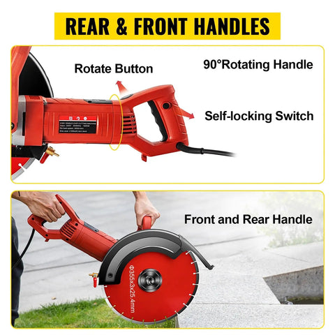 Badass 1800W Electric Concrete Saw Fully Loaded With Killer 14 Inch Diamond Blade Wet Dry Multi Function Circular Saw handles and controls