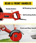 1800 Watt Electric Concrete Saw With 14 Inch Diamond Blade Wet Or Dry Circular Saw showing rear and front handles and self-locking switch.