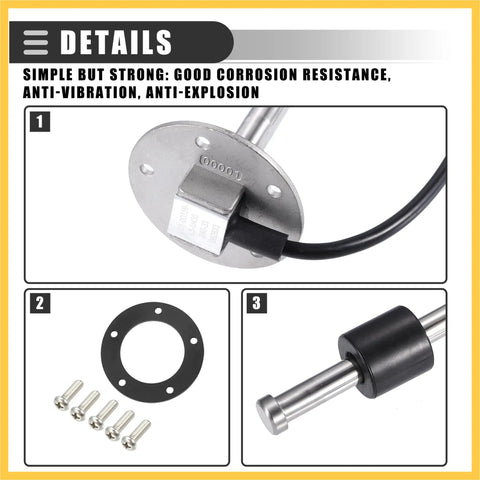 Heavy Duty Universal Fuel Sending Unit Float Sensor With Slick Durable Stainless Steel Arm For Boats Trucks And Rvs Anti Corrosion Diesel Gas Tank Water Level Replacement close-up showing sensor, stainless steel arm, wiring, and base details.