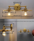 Two Light Industrial Metal Wall Sconces With Antique Brass Flower Ripple Shade, dimensions displayed, in bathroom setting
