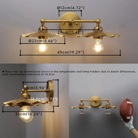 Two Light Industrial Metal Wall Sconces With Antique Brass Flower Ripple Shade, dimensions displayed, in bathroom setting