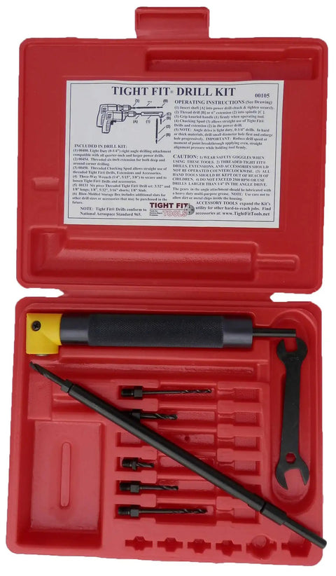 Open red case displaying Right Angle Drill Attachment Kit For Tight Spaces, 90 Degree Adapter with accessories and wrench