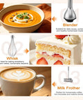 Badass 1200W Immersion Blender With Five Adjustable Speed Settings And Rock Solid Build Quality For Silky Smooth Purees Chunky Salsas And Serious Kitchen Hustle in action with soup, whisk, and milk frother.