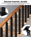 Legit Solid Steel Stair Baluster Post Matte Black Iron Railing Spindles with Screws Kit securing stair railing on wooden steps.